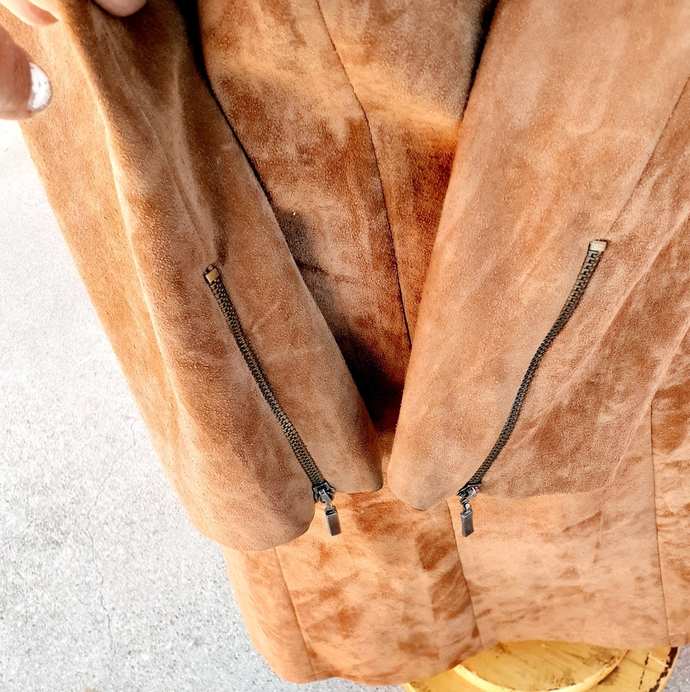 Boho  Tan Suede Zip Front Vtg Sheath Dress Scallop trim Long sleeves , SZ M - Picture 5 of 8